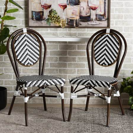 Baxton Studio Alaire Classic French Black and White Weaving and Dark Brown Metal 2Piece Outdoor Dining Chair Set 211-2PC-12522-ZORO